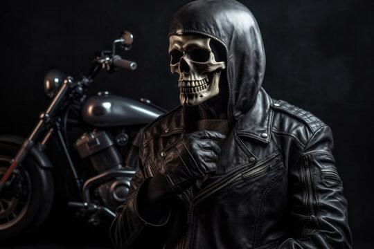 Generative AI illustration of unrecognizable skull head rider in leather jacket with hood standing near motorbike over dark background
