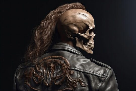 Generative AI illustration showing back view of human skull with long hair in leather jacket standing against black background and looking away
