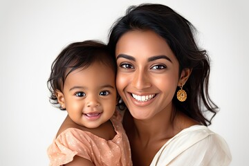 Indian mother and child white plain background generative ai