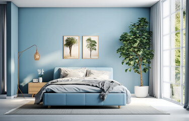 Scandinavian Minimalist blue Bedroom made with AI generative technology
