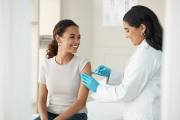 Injection, vaccine and patient at the clinic for consulting and help with prevention with a smile. Doctor, inject and woman on arm for virus with gloves in medical room for wellness or health. - Powered by Adobe