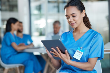 Hospital, doctor and woman on tablet for medical analysis, research and diagnosis report....