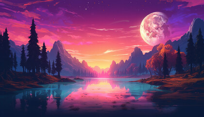 Obraz premium A Lone Moon lit up by nature, in the style of synth wave, light amber and magenta, elaborate landscapes, light indigo, and amber