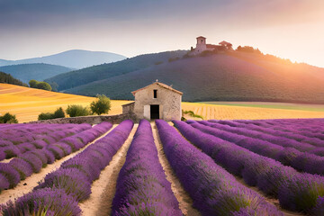 Plakat ancient stone house in the middle of lavender fields, south of France , Provence