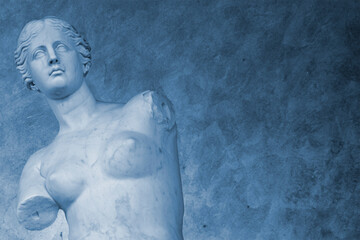 Statue of Venus de Milo  Reproduction, Head and Torso Detail Perspective with eyes looking away from copy space