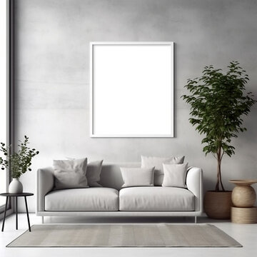 Nordic Minimalism: Modern living room with blank mockup frame, generative AI