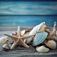 Fototapeta na wymiar Seashells and starfish on old wooden table. Sea background