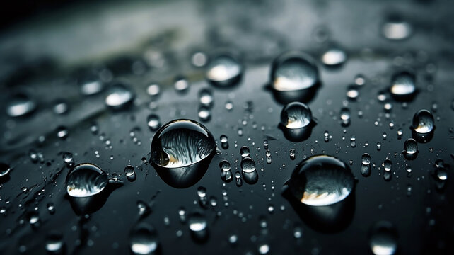 Water drops on a black metal surface. Macro shot with shallow depth of field.AI Generate