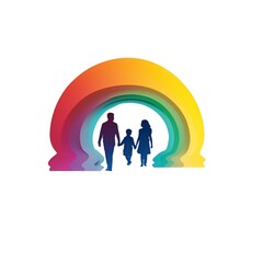 silhouette of a family with a rainbow over their head on isolated white background