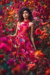 Colorful feisty Indian model session for spring collection made on the field of flowers generative ai