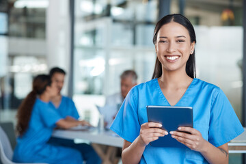 Hospital, doctor and portrait of woman on tablet for medical analysis, research and internet. Healthcare, clinic and happy female nurse on digital tech for wellness app, online consulting and service