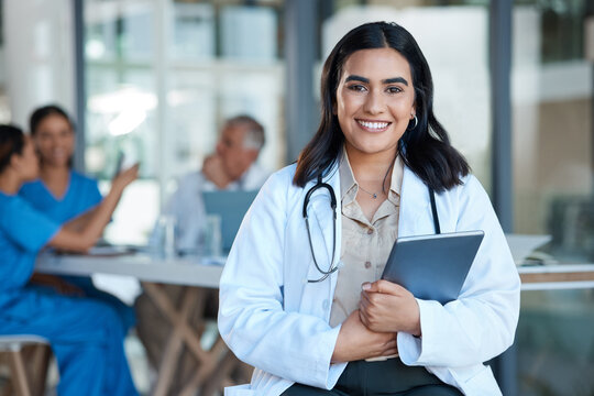Healthcare, doctor and portrait of woman on tablet for medical analysis, research and internet. Hospital, clinic and happy female nurse on digital tech for wellness app, online consulting and service