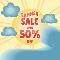 Summer big discount sale illustration great as poster, flyers, advertisement, social media, banner, template, sticker and tag. Sales promotion, marketing collateral with sun, beach and bright colours.