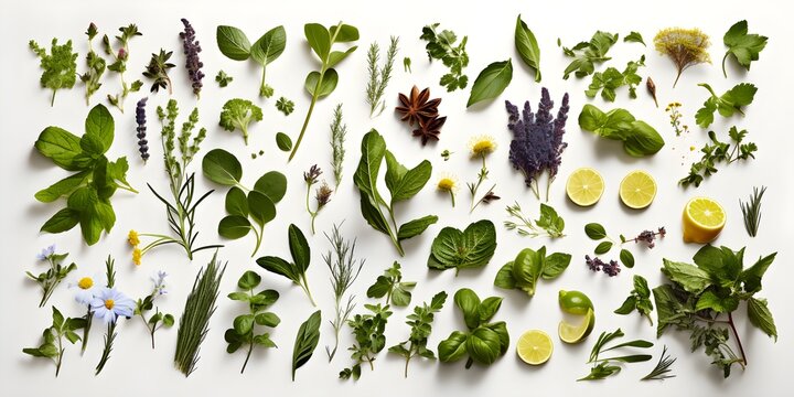 Bird's eye view of meticulously organized Mediterranean herbs and spices, ideal for food-related wallpaper or kitchen poster, Generative AI, Generative, KI