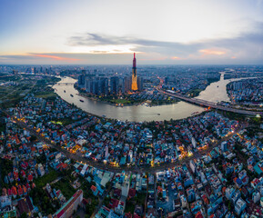 Vietnam. Ho Chi Minh City 2021 Aerial View of Ho Chi Minh City Skyline during sunset with buildings that develop along the Saigon River 