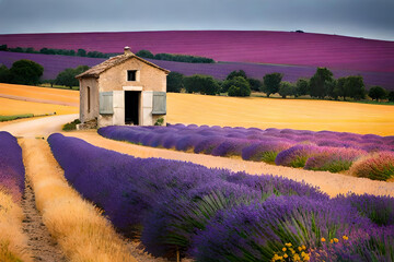 Fototapeta na wymiar an old traditionnal stone house in the middle of lavender fields in the south of Frace