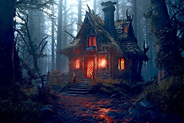 Fototapeta na wymiar Magic house where evil lives in a magical forest. Generative AI.