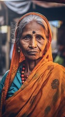 portrait of a perfect old Indian woman wearing a saree generative ai
