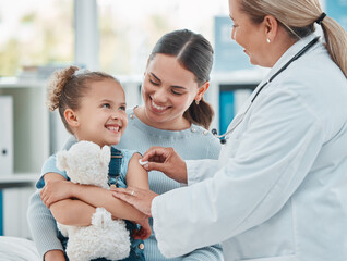 Pediatrician, girl and doctor with vaccine injection, cotton ball and flu shot on arm for disease...