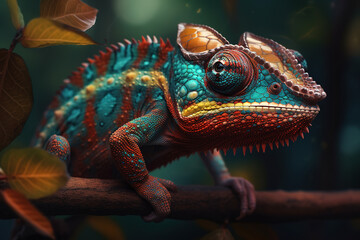 Image of side view of a beautiful colorful chameleon on a branch on natural background. Wildlife Animals. Reptile, illustration. Generative AI.