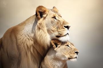 Image of mother lion and baby lion. Wildlife Animals. illustration, generative AI.