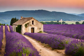Fototapeta na wymiar an old traditionnal stone house in the middle of lavender fields in the south of Frace