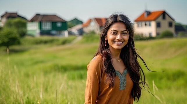 Smiling Indian young woman standing on a danish green grass field with houses nearby generative ai