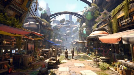 Obraz premium Bustling marketplace on an alien planet, filled with exotic alien species, bizarre goods, and vibrant colors, creating a sense of wonder and cultural diversity