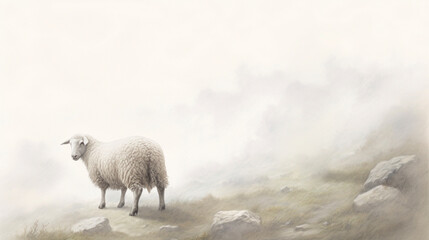 Watercolour pencil illustration of close up sheep portrait. Peaceful and serene mood. A sense of wonder and awe. Generative AI  - obrazy, fototapety, plakaty