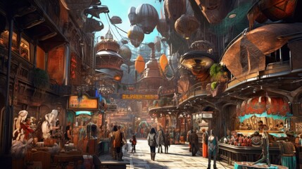 Bustling marketplace on an alien planet, filled with exotic alien species, bizarre goods, and vibrant colors, creating a sense of wonder and cultural diversity