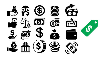 Finance icon set. Containing loan, cash, saving, financial goal, profit, budget, mutual fund, earning money and revenue icons. Solid icons collection.