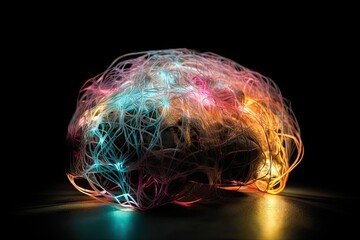 Luminescent Connections. Macro photo of a transparent brain model with complex connections in the brain, living, glowing fiber optic cables tangled in neural pathways. AI