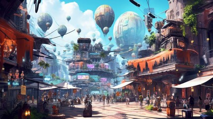 Bustling marketplace on an alien planet, filled with exotic alien species, bizarre goods, and vibrant colors, creating a sense of wonder and cultural diversity - obrazy, fototapety, plakaty