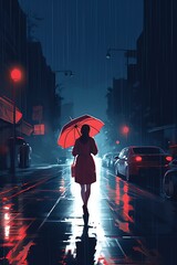 illustration, woman with red umbrella walking in the rain at night, ai generative