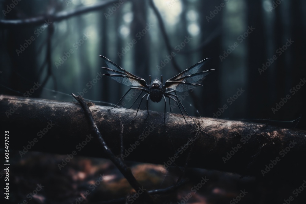 Poster a spider sitting on top of a tree branch. generative ai image.