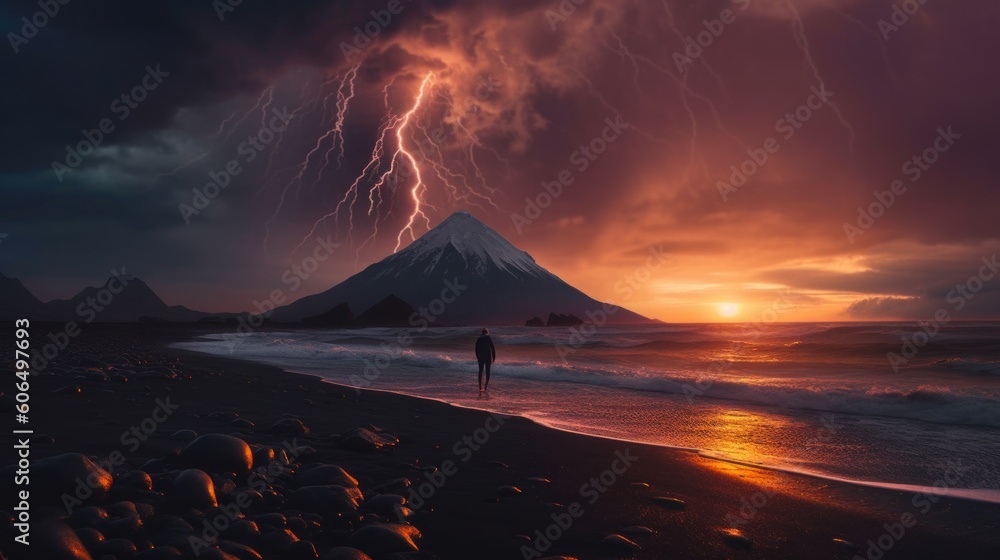 Aufkleber a person standing on a beach with a mountain in the background. generative ai image.