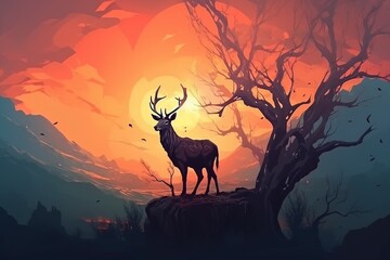illustration, the deer standing on a giant branch, ai generative