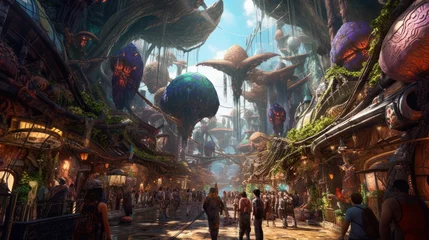 Fototapete Bustling marketplace on an alien planet, filled with exotic alien species, bizarre goods, and vibrant colors, creating a sense of wonder and cultural diversity © Damian Sobczyk