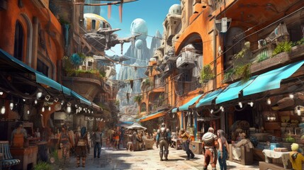 Fototapeta na wymiar Bustling marketplace on an alien planet, filled with exotic alien species, bizarre goods, and vibrant colors, creating a sense of wonder and cultural diversity
