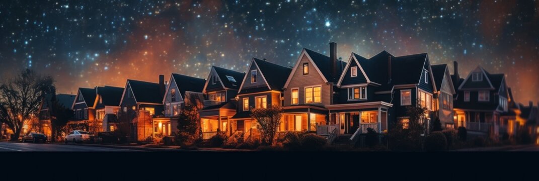 A row of houses lit up at night. Generative AI image.