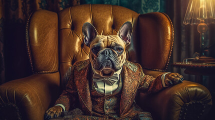 Generative AI. Gentlemen French Bulldog smoking pipe and sitting in the chair