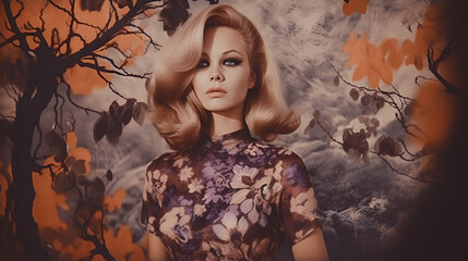 Blonde Woman in floral dress and 1960s hairdo standing within a stylized forest