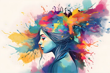 Naklejka na ściany i meble Image of woman's face with colorful paint splatters. Generative AI.