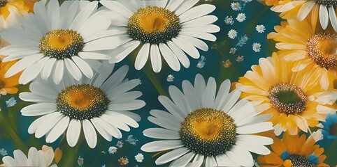 Chamomile flowers in nature close-up, vintage style.