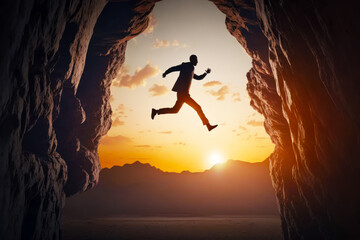 Man jumping into the air from cave into the sunset with mountains in the background. Generative AI.