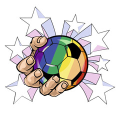 design for t-shirts of a hand holding a soccer ball surrounded by . Ball with rainbow colors. Gay pride