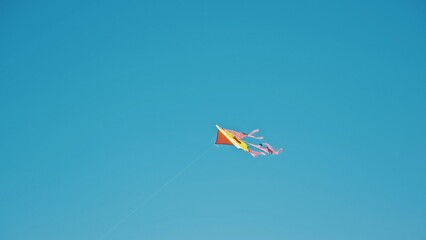 Colorful Tethered Kite Floating in Air Flying in Strong Wind by Seaside