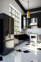 Kitchen with checkered floor and black and white tiles on the floor. Generative AI.