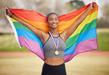 Rainbow flag, pride and portrait of a woman outdoor after winning a race, marathon or competition....