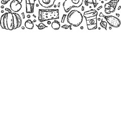 Drawn food background. Doodle food illustration with place for text
